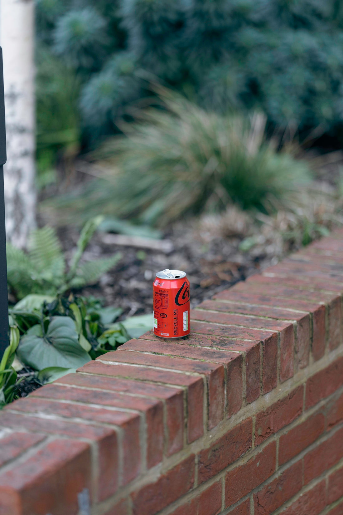 a can of soda sitting on the side of a brick wall